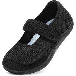 imageJOINFREE Womens Barefoot Walking Shoes Wide Diabetic Shoes Adjustable Mary Jane Shoes Flats Arthritis Edema Casual Shoes Breathable Slip on Sneakers Indoor OutdoorBlack