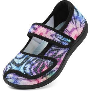 imageJOINFREE Womens Barefoot Walking Shoes Wide Diabetic Shoes Adjustable Mary Jane Shoes Flats Arthritis Edema Casual Shoes Breathable Slip on Sneakers Indoor OutdoorColorful