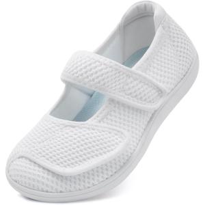 imageJOINFREE Womens Barefoot Walking Shoes Wide Diabetic Shoes Adjustable Mary Jane Shoes Flats Arthritis Edema Casual Shoes Breathable Slip on Sneakers Indoor OutdoorWhite