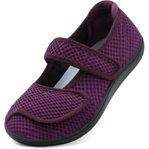 imageJOINFREE Womens Barefoot Walking Shoes Wide Diabetic Shoes Adjustable Mary Jane Shoes Flats Arthritis Edema Casual Shoes Breathable Slip on Sneakers Indoor OutdoorDarkpurple