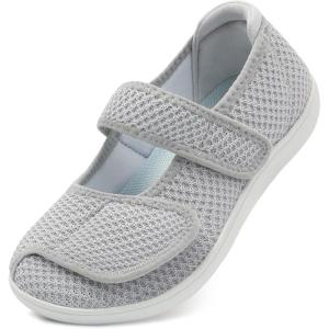 imageJOINFREE Womens Barefoot Walking Shoes Wide Diabetic Shoes Adjustable Mary Jane Shoes Flats Arthritis Edema Casual Shoes Breathable Slip on Sneakers Indoor OutdoorLightgrey