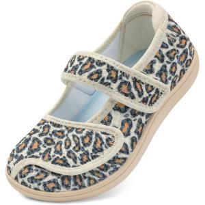 imageJOINFREE Womens Barefoot Walking Shoes Wide Diabetic Shoes Adjustable Mary Jane Shoes Flats Arthritis Edema Casual Shoes Breathable Slip on Sneakers Indoor OutdoorLeopard