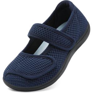 imageJOINFREE Womens Barefoot Walking Shoes Wide Diabetic Shoes Adjustable Mary Jane Shoes Flats Arthritis Edema Casual Shoes Breathable Slip on Sneakers Indoor OutdoorNavyblue