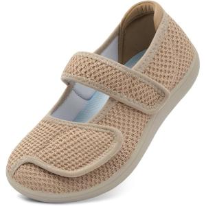 imageJOINFREE Womens Barefoot Walking Shoes Wide Diabetic Shoes Adjustable Mary Jane Shoes Flats Arthritis Edema Casual Shoes Breathable Slip on Sneakers Indoor OutdoorKhaki