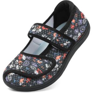 imageJOINFREE Womens Barefoot Walking Shoes Wide Diabetic Shoes Adjustable Mary Jane Shoes Flats Arthritis Edema Casual Shoes Breathable Slip on Sneakers Indoor OutdoorFlower