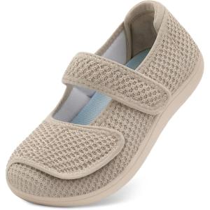 imageJOINFREE Womens Barefoot Walking Shoes Wide Diabetic Shoes Adjustable Mary Jane Shoes Flats Arthritis Edema Casual Shoes Breathable Slip on Sneakers Indoor OutdoorLightbeige