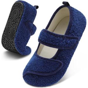 imageJOINFREE Womens Mens House Slippers Wide Adjustable Diabetic Slippers Cozy Barefoot Bedroom Shoes Edma Swollen Socks Slipper With Soft Rubber SolesNavyblue