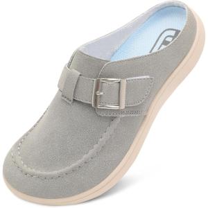 imageJOINFREE Womens Wide Suede Clogs Zero Drop Potato Shoes Diabetic Mules for Swollen Edema Comfort Slip on Clog Slippers with Adjuatable Buckle Indoor ampamp Outdoor UseGrey
