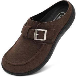 imageJOINFREE Womens Wide Suede Clogs Zero Drop Potato Shoes Diabetic Mules for Swollen Edema Comfort Slip on Clog Slippers with Adjuatable Buckle Indoor ampamp Outdoor UseCoffee