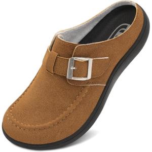imageJOINFREE Womens Wide Suede Clogs Zero Drop Potato Shoes Diabetic Mules for Swollen Edema Comfort Slip on Clog Slippers with Adjuatable Buckle Indoor ampamp Outdoor UseBrown