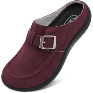 imageJOINFREE Womens Wide Suede Clogs Zero Drop Potato Shoes Diabetic Mules for Swollen Edema Comfort Slip on Clog Slippers with Adjuatable Buckle Indoor ampamp Outdoor UseWine Red
