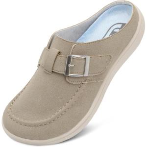 imageJOINFREE Womens Wide Suede Clogs Zero Drop Potato Shoes Diabetic Mules for Swollen Edema Comfort Slip on Clog Slippers with Adjuatable Buckle Indoor ampamp Outdoor UseTaupe