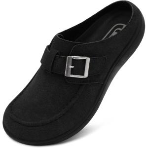 imageJOINFREE Womens Wide Suede Clogs Zero Drop Potato Shoes Diabetic Mules for Swollen Edema Comfort Slip on Clog Slippers with Adjuatable Buckle Indoor ampamp Outdoor UseBlack