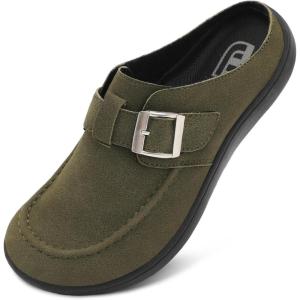 imageJOINFREE Womens Wide Suede Clogs Zero Drop Potato Shoes Diabetic Mules for Swollen Edema Comfort Slip on Clog Slippers with Adjuatable Buckle Indoor ampamp Outdoor UseDark Green